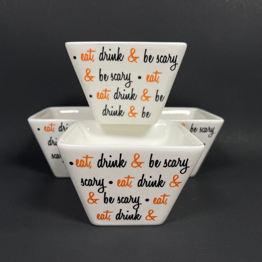 Ciroa Simple Serve Halloween Bowls White Eat Drink Be Scary Porcelain Set of 4